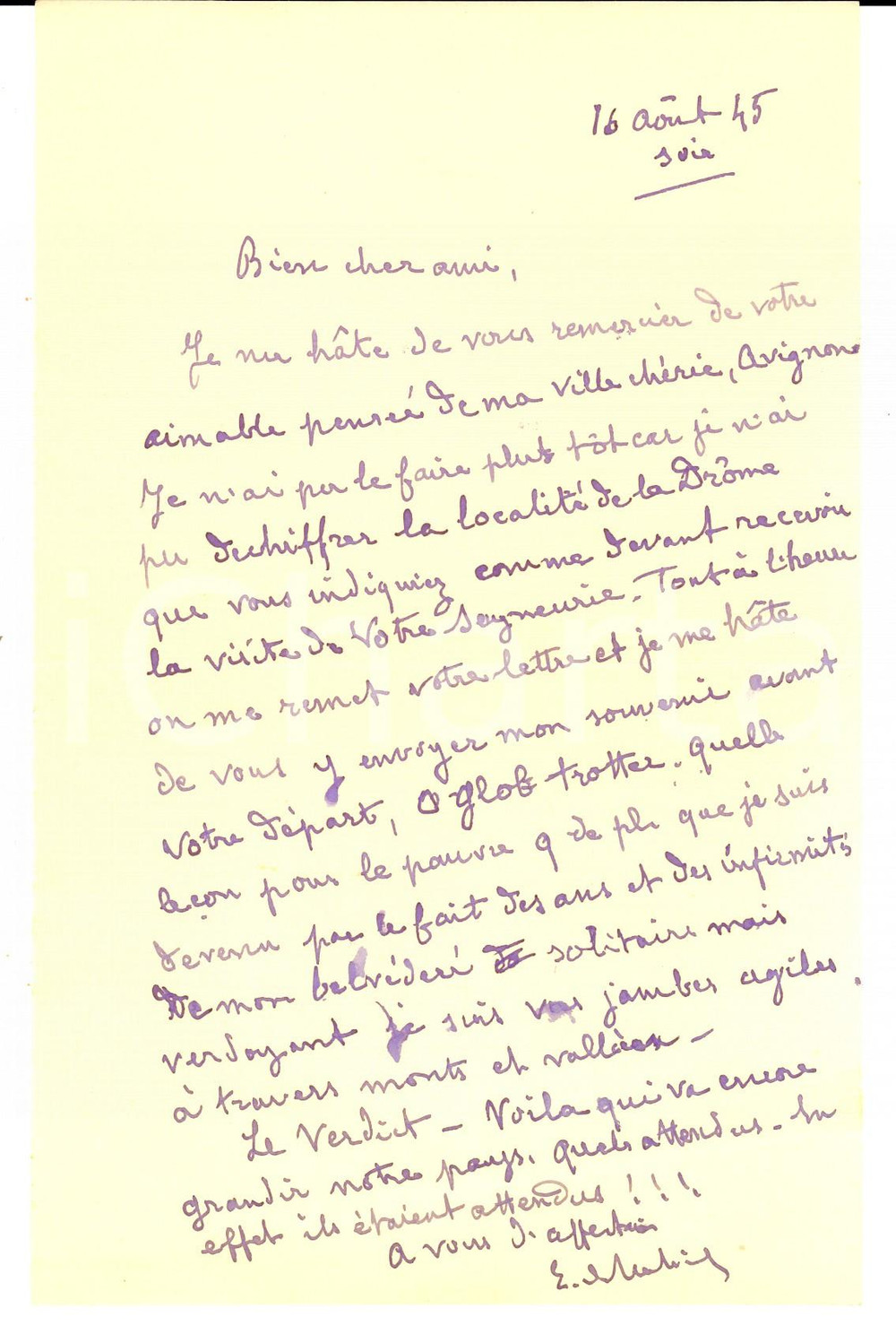 Autografo originale 1945 PARIS Etienne BANDY DE NALECHE lamenta i mali della vecchiaia *Autografo 1