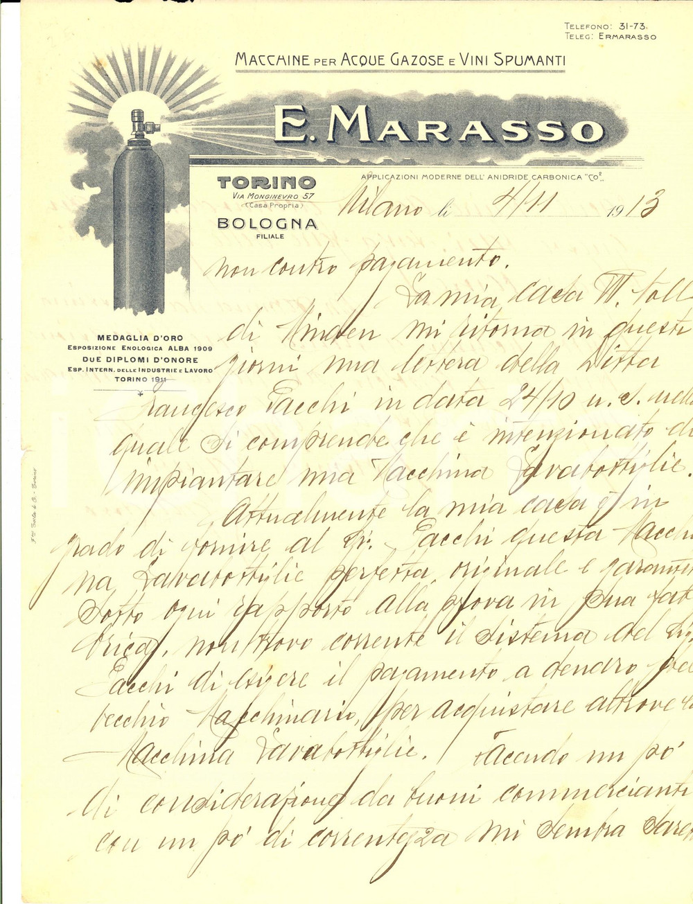 Manoscritto, lettera originale 1913 MILANO Ditta E. MARASSO fornisce macchina lavabottiglie Lettera 1