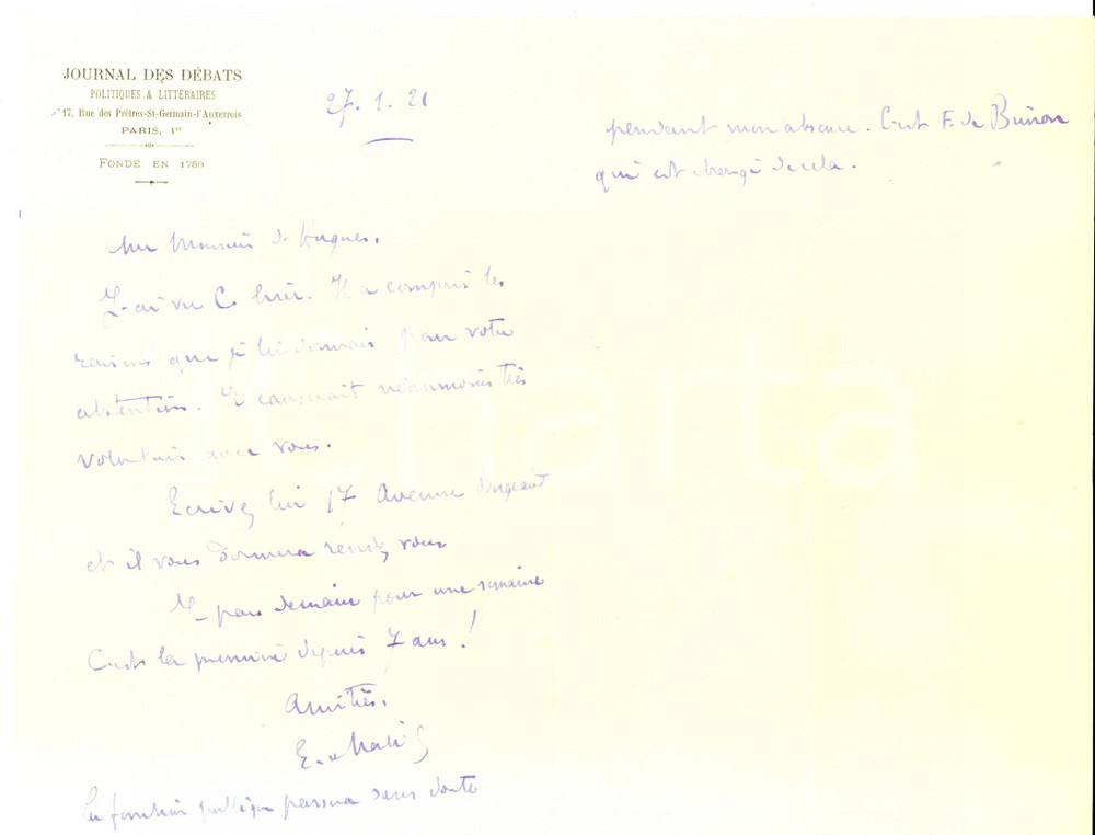 1921 PARIS JOURNAL DES DEBATS Etienne BANDY DE NALECHE à Pierre d'HUGUES *Lettre
