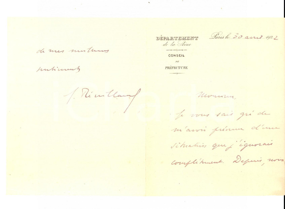 Autografo originale 1922 PARIS DÃ©partement de la SEINE Conseil de PrÃ©fecture pour son PrÃ©sident 1