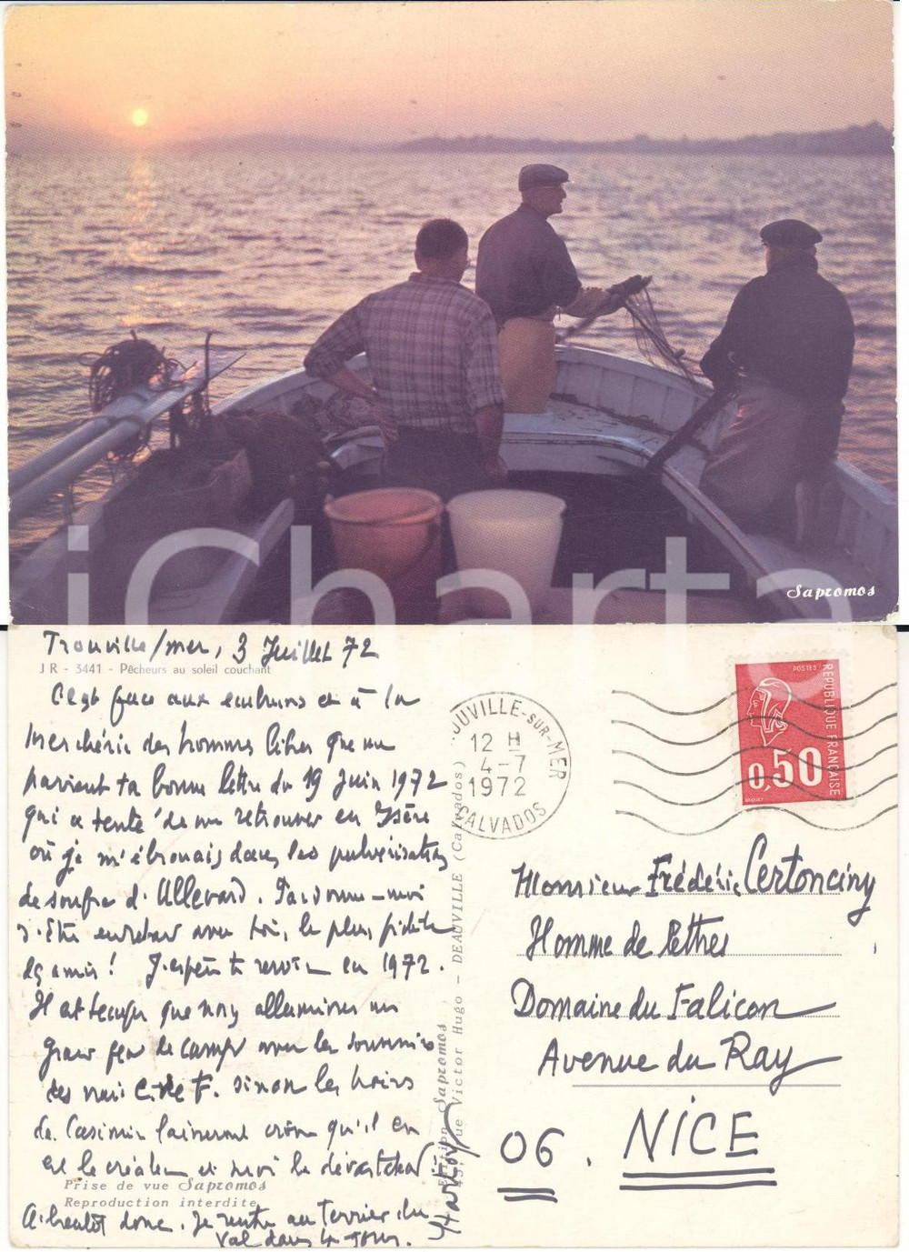 Autografo originale 1972 TROUVILLE-SUR-MER (F) Maurice HANOT D'HARTOY Ã  FrÃ©dÃ©ric CERTONCINY 1