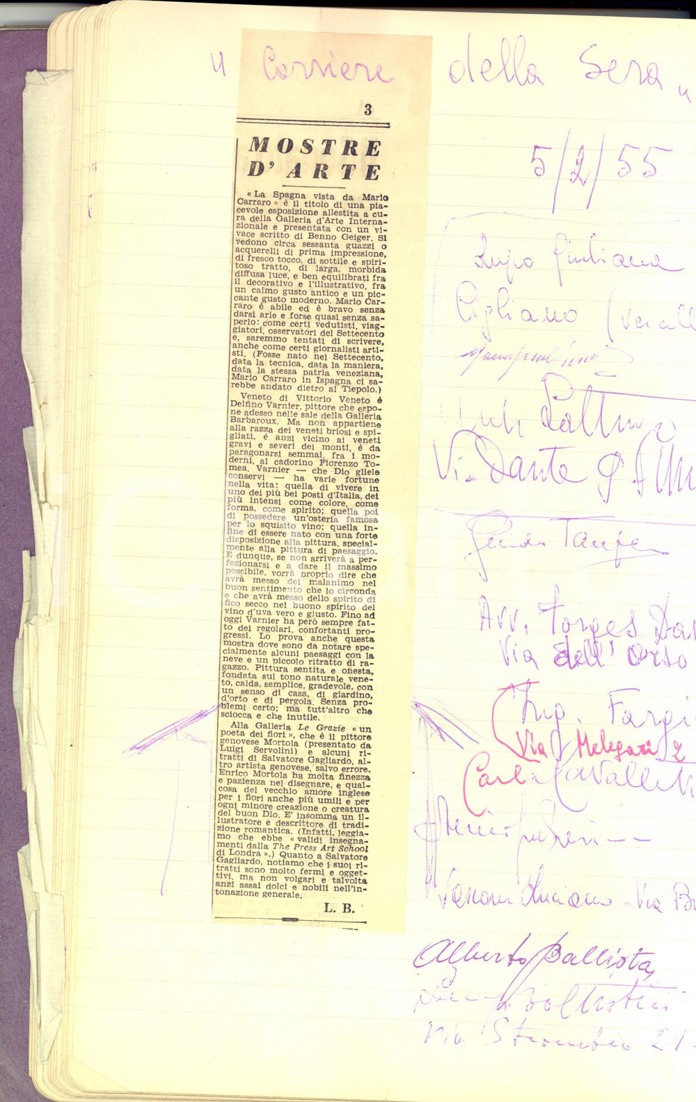 Oggetto da collezione cartaceo 1954 - 1956 MILANO Galleria LE GRAZIE - Rassegna stampa con autografi pittori 1