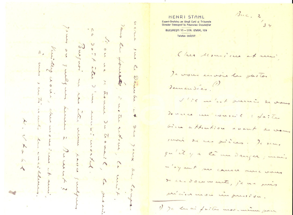 Autografo originale 1934 BUCAREST Henri STAHL racconta del suo nuovo lavoro *Lettera autografa 1