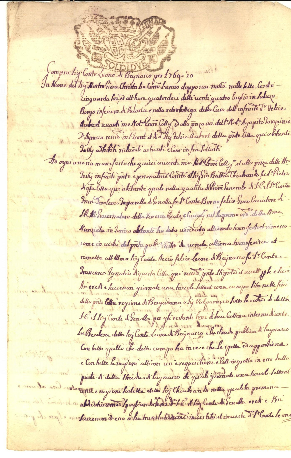 Documento originale, autentico 1769 SALUZZO (CN) Decio LEONE DI BEINASCO acquista campo dal conte TAPARELLI 1