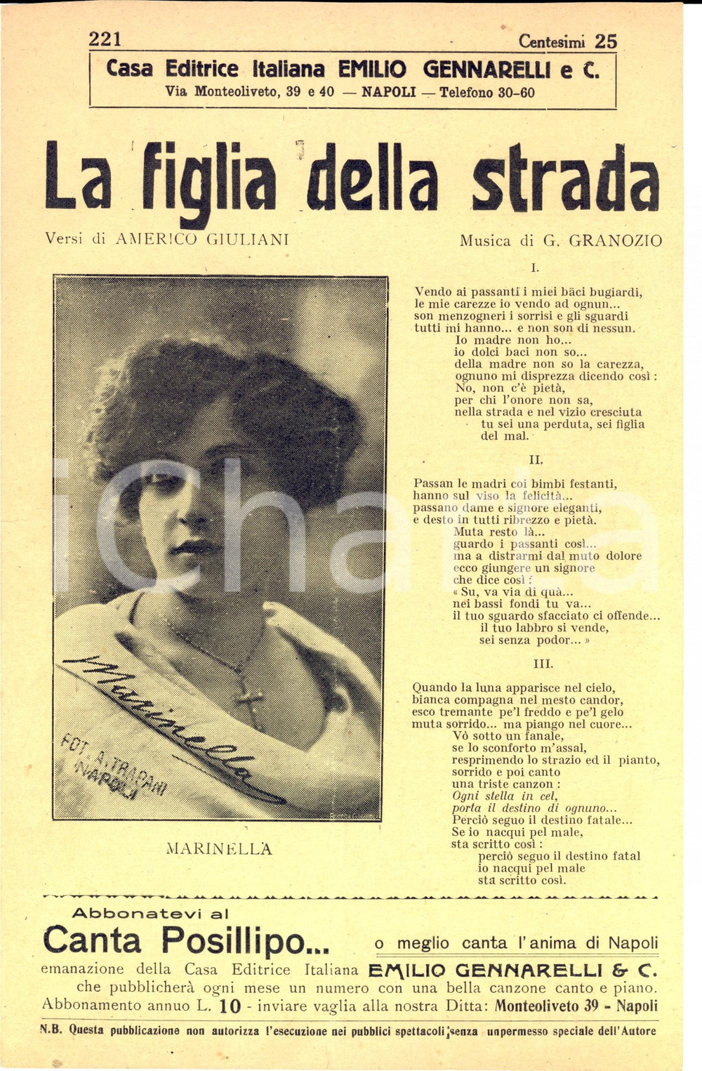 Oggetto da collezione cartaceo 1920 ca Americo GIULIANI G. GRANOZIO La figlia della strada Volantino spartito 1
