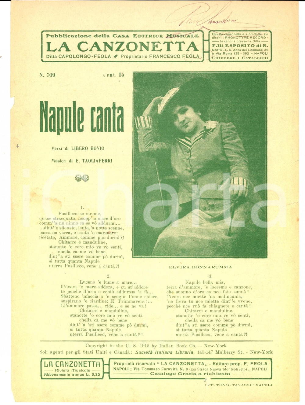 Oggetto da collezione cartaceo 1920 ca Libero BOVIO E. TAGLIAFERRI Napule canta Volantino spartito 1