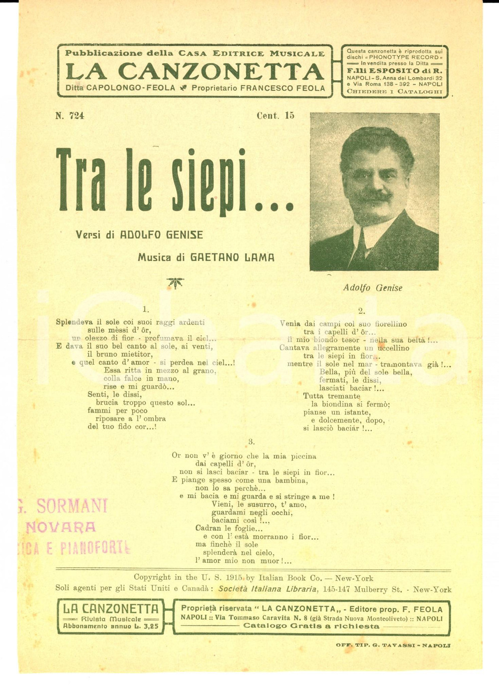 Oggetto da collezione cartaceo 1920 ca Adolfo GENISE Gaetano LAMA Tra le siepi Volantino spartito 1
