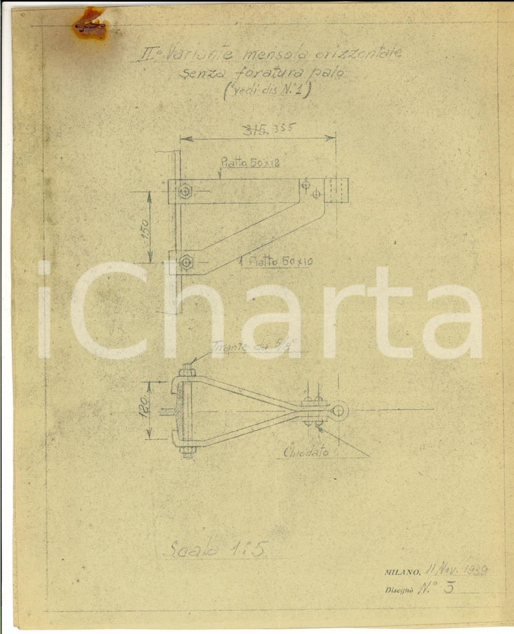 Mappa, planimetria storica 1939 MILANO Progetti per mensola orizzontale Disegno tecnico industriale 1