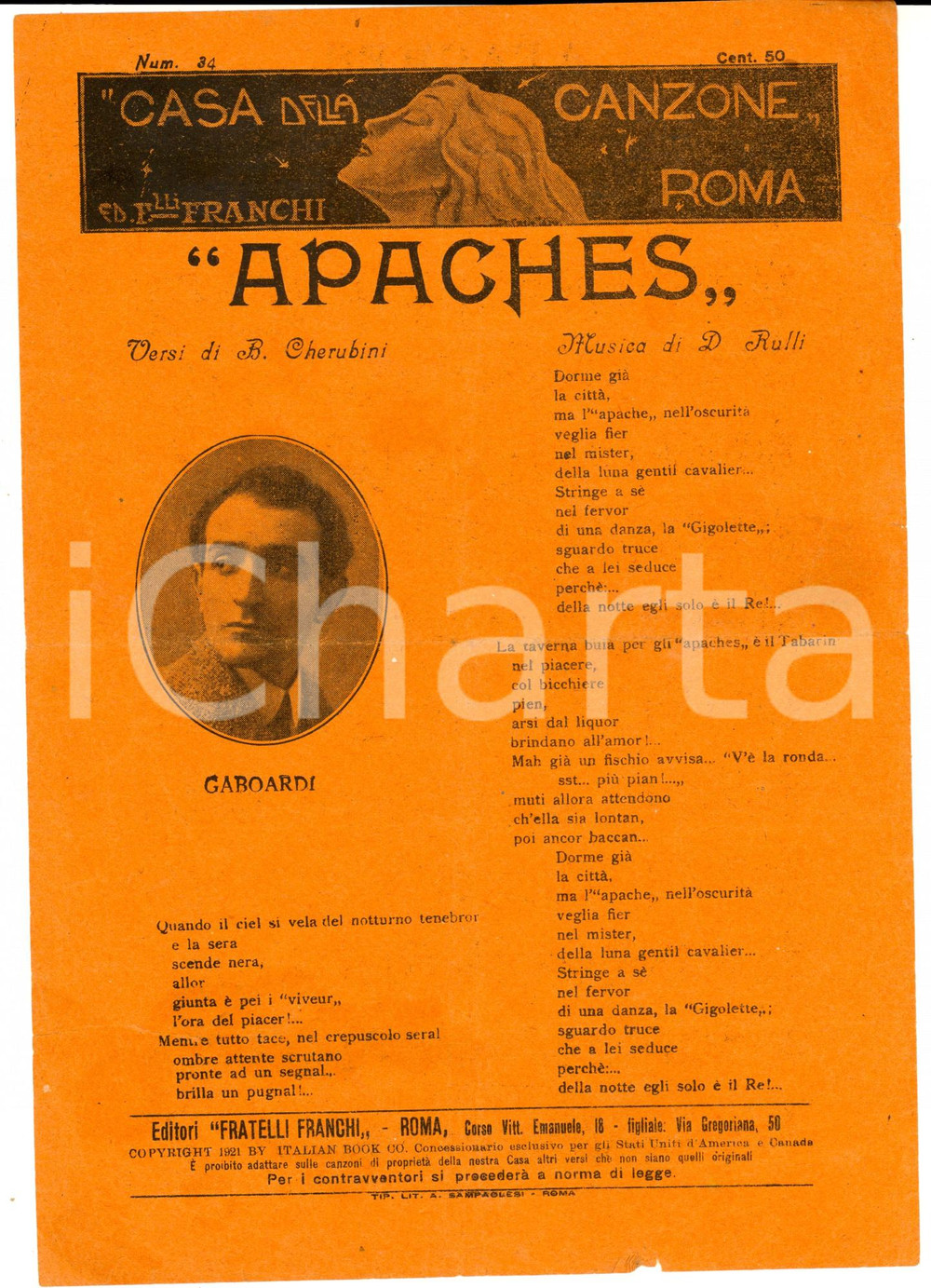 Oggetto da collezione cartaceo 1921 Bixio CHERUBINI Dino RULLI Apaches  GABOARDI Spartito DANNEGGIATO 1