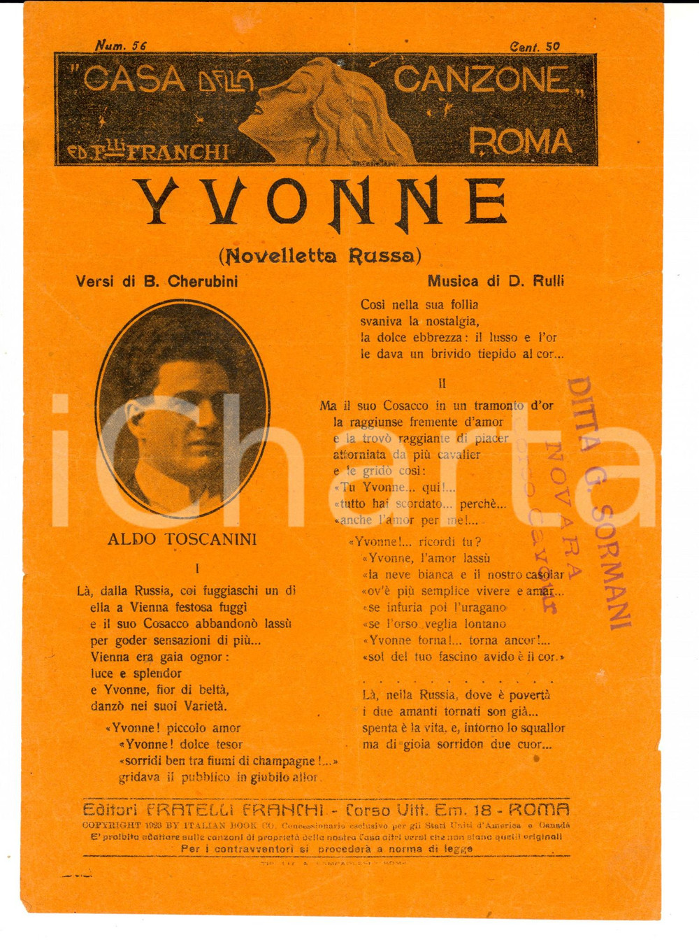 Oggetto da collezione cartaceo 1923 Bixio CHERUBINI Dino RULLI Yvonne  Aldo Toscanini Spartito DANNEGGIATO 1