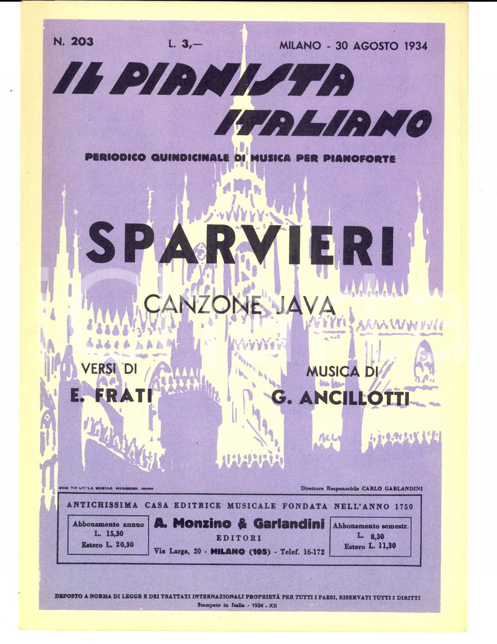 Oggetto da collezione cartaceo 1934 E. FRATI G. ANCILLOTTI Sparvieri  Canzone Spartito MONZINO & GARLANDINI 1