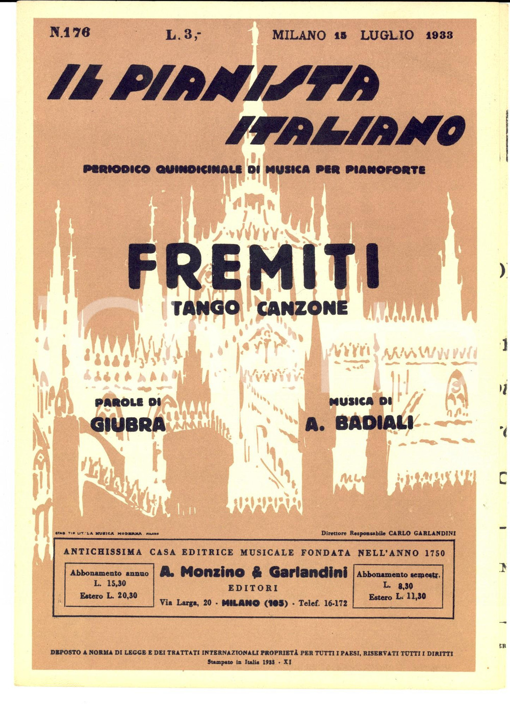 Oggetto da collezione cartaceo 1933 GIUBRA - A. BADIALI Fremiti - Tango canzone *Spartito MONZINO & GARLANDINI 1