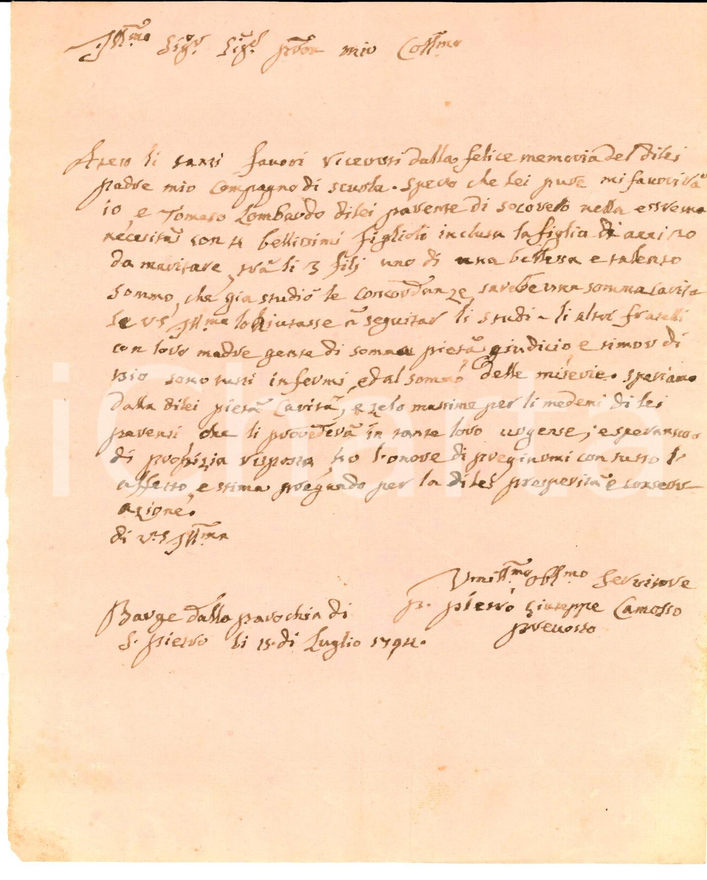 Manoscritto, lettera originale 1794 BARGE CN Prevosto Giuseppe CAMOSSO chiede carità  per famiglia povera 1