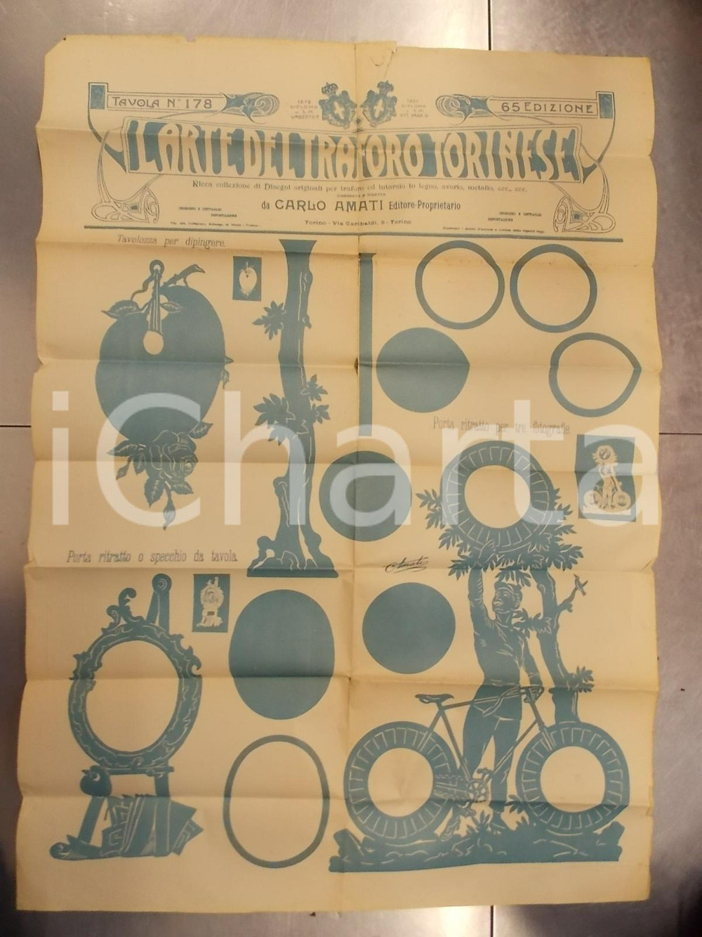 Documento originale, autentico 1910 ca TORINO L arte del traforo  Modelli per portaritratti Manifesto 60x100 1