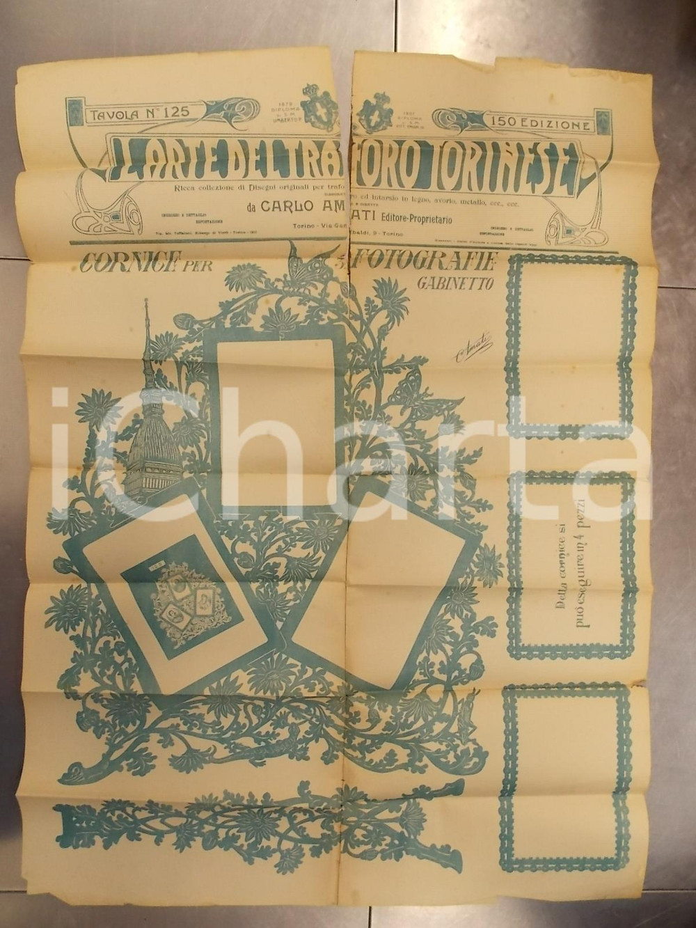 Documento originale, autentico 1910 ca TORINO L arte del traforo  Modello per cornice n° 125 Manifesto 60x100 1