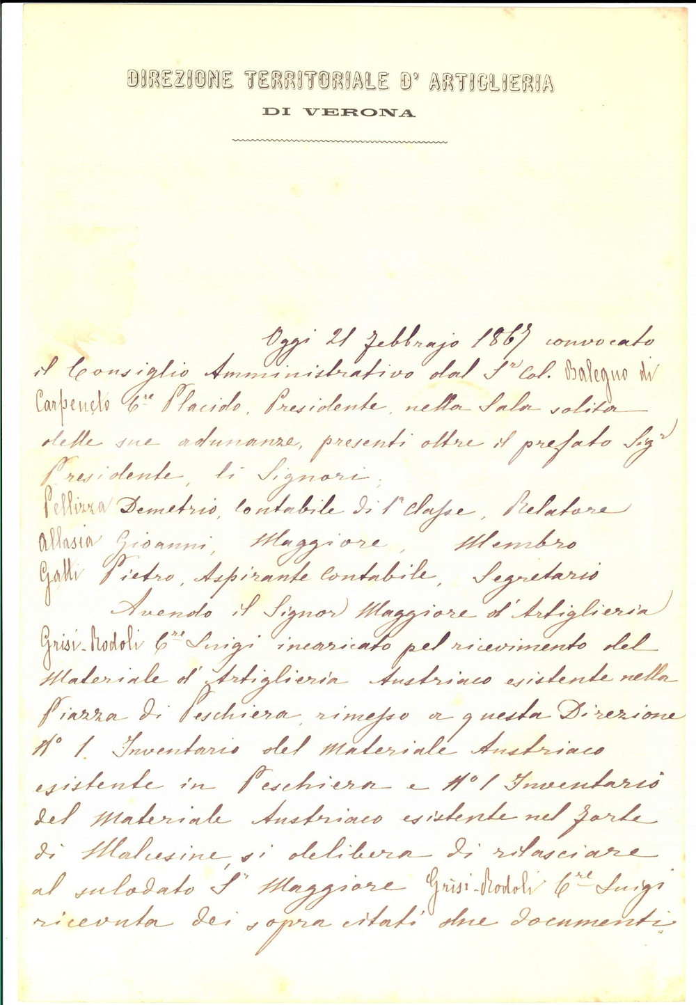 Documento originale, autentico 1867 VERONA Luigi GRISI RODOLI riceve inventario beni fortezza di PESCHIERA 1
