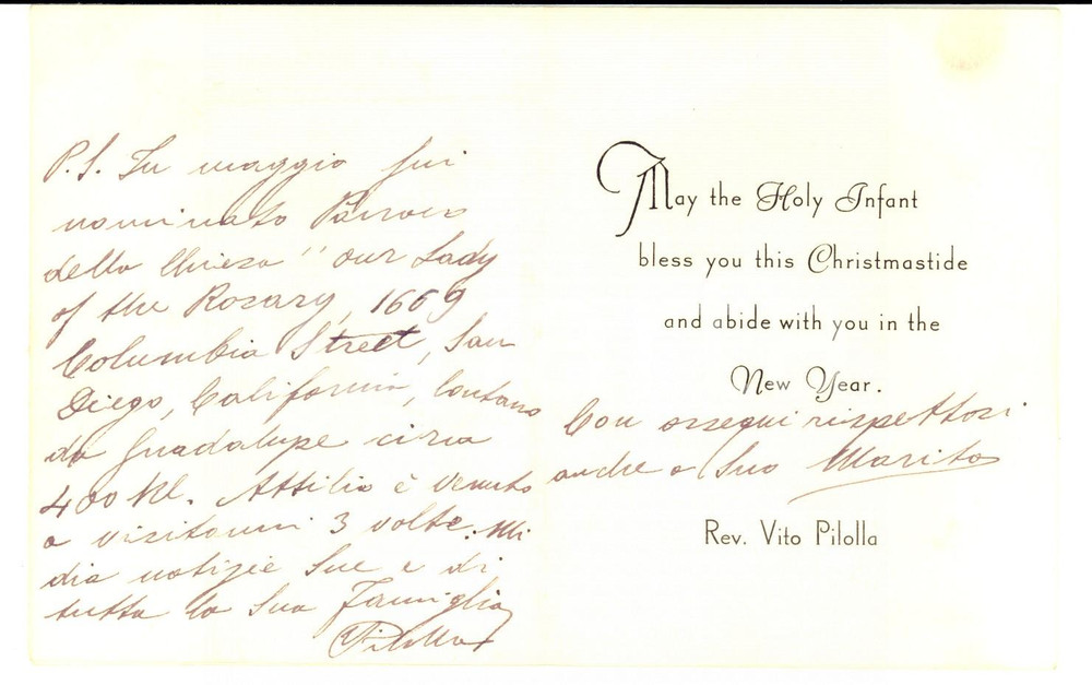 Autografo originale 1935 SAN DIEGO USA Our Lady of the Rosary Rev. Vito PILOLLA Autograph 1