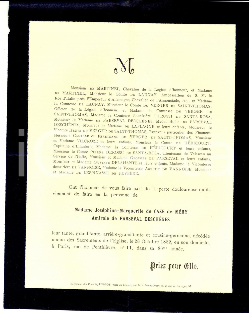 Documento originale, autentico 1882 PARIS Lutto per JosÃ©phine-Marguerite de CAZE de MERY *Manifestino 1
