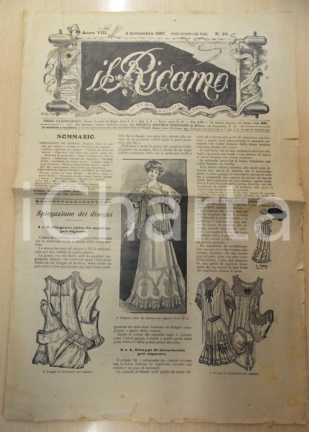 Giornale, rivista storica 1907 MILANO Rivista IL RICAMO con disegni per signora Anno VIII nÂ° 36 1