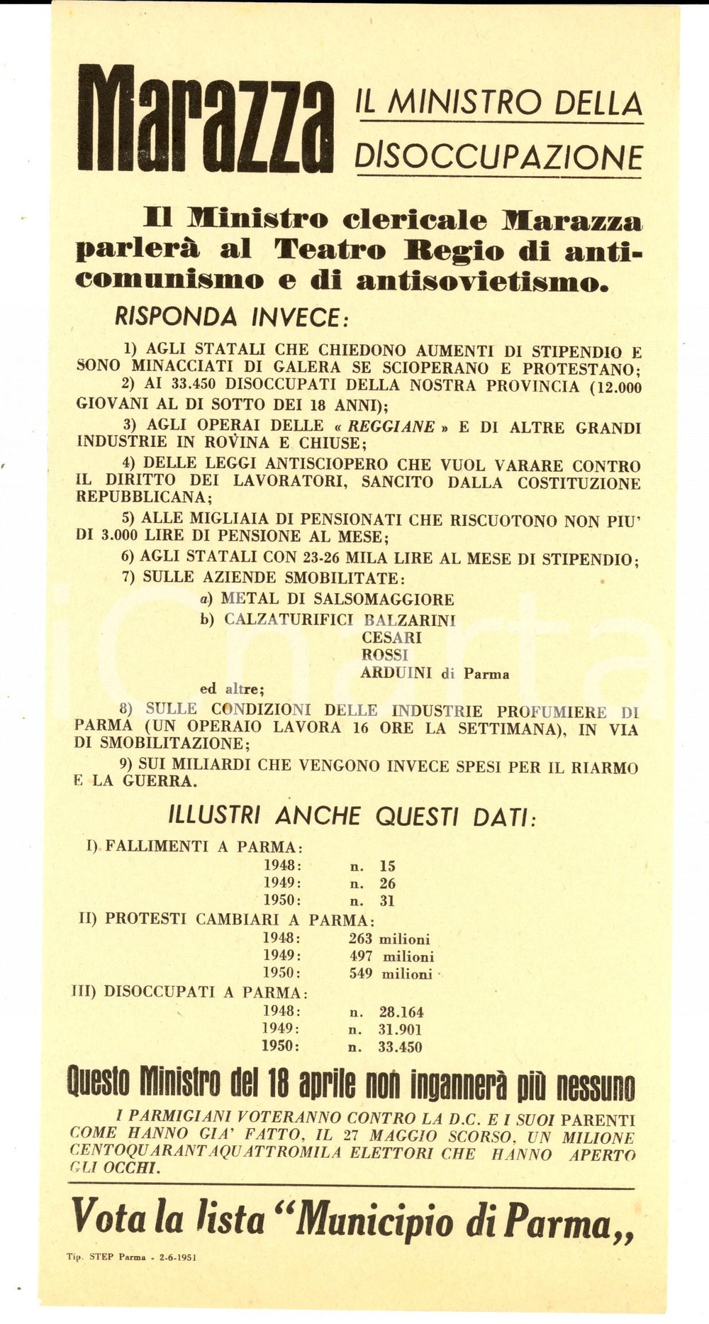 Materiale pubblicitario d’epoca 1951 PARMA Elezioni comunali  MARAZZA ministro della disoccupazione Volantino 1