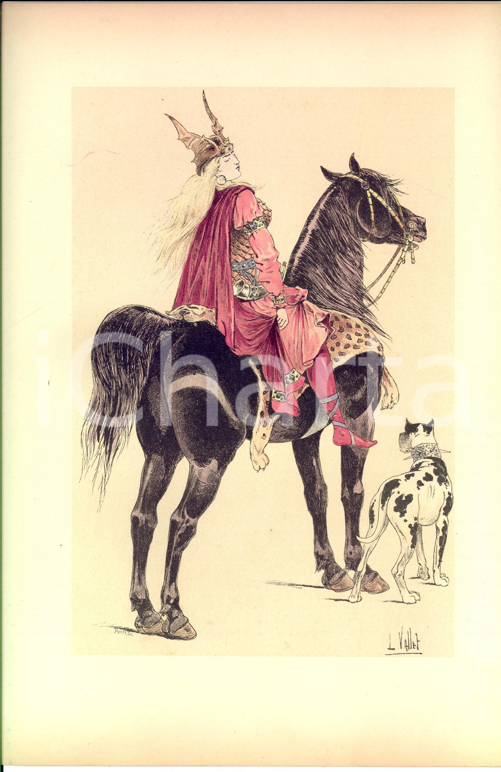 Stampa, bozzetto originale 1890 L. VALLET Le chic à cheval  Reine Brunhilde Lithographie 25x33 cm 1