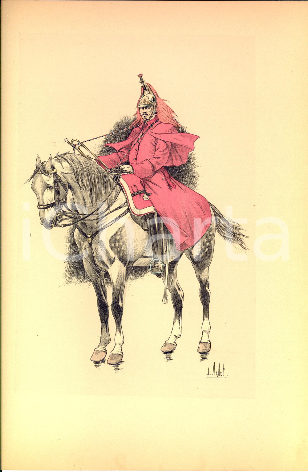 Stampa, bozzetto originale 1890 L. VALLET Le chic à cheval  Trompette Cuirassiers de la GARDE IMPERIALE 1