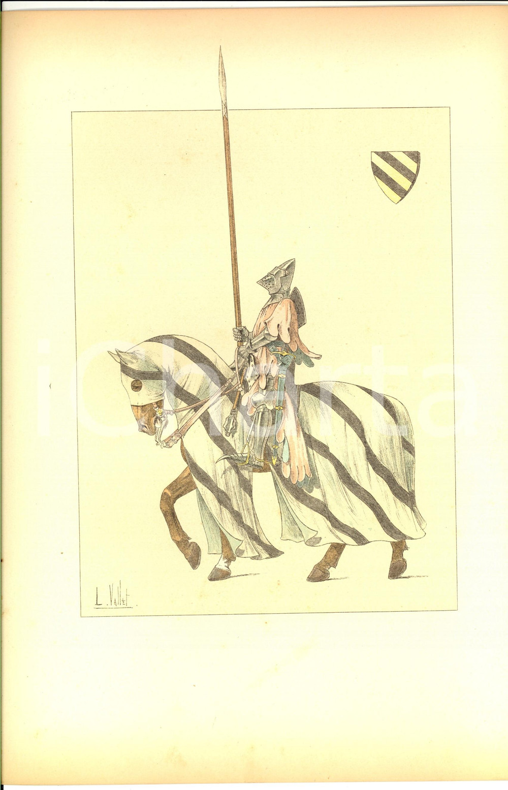Stampa, bozzetto originale 1890 L. VALLET Le chic à cheval  Gendarme XIVe SiÃ¨cle, en harnais de guerre 1