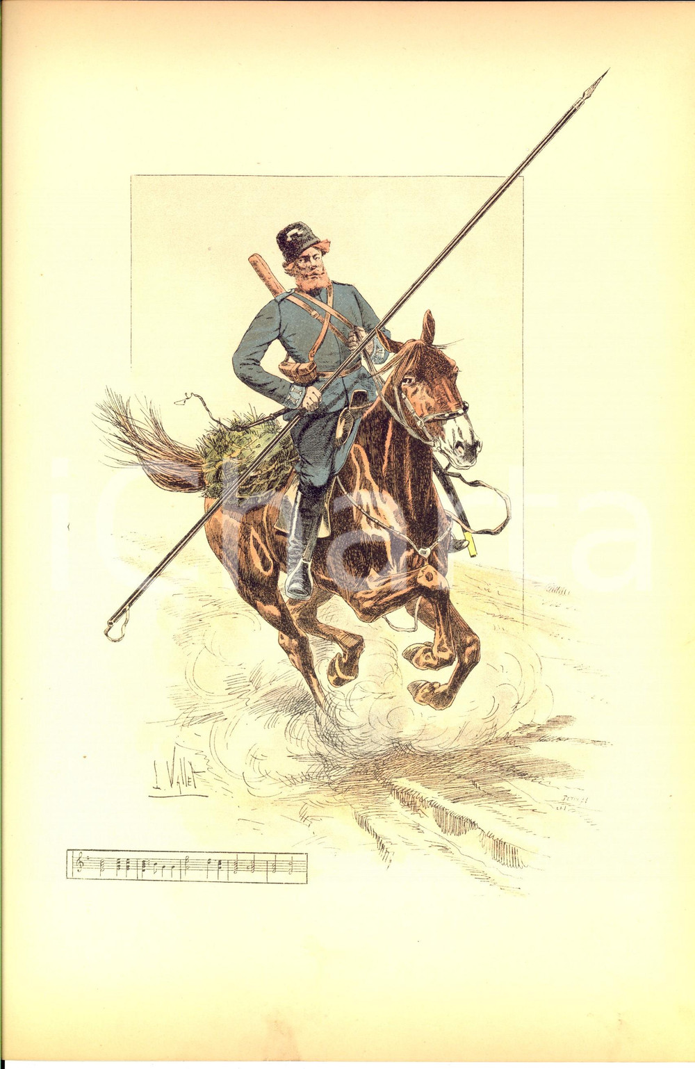 Stampa, bozzetto originale 1890 L. VALLET Le chic Ã  cheval  Cosaque de la Garde Lithographie 25x33 cm 1