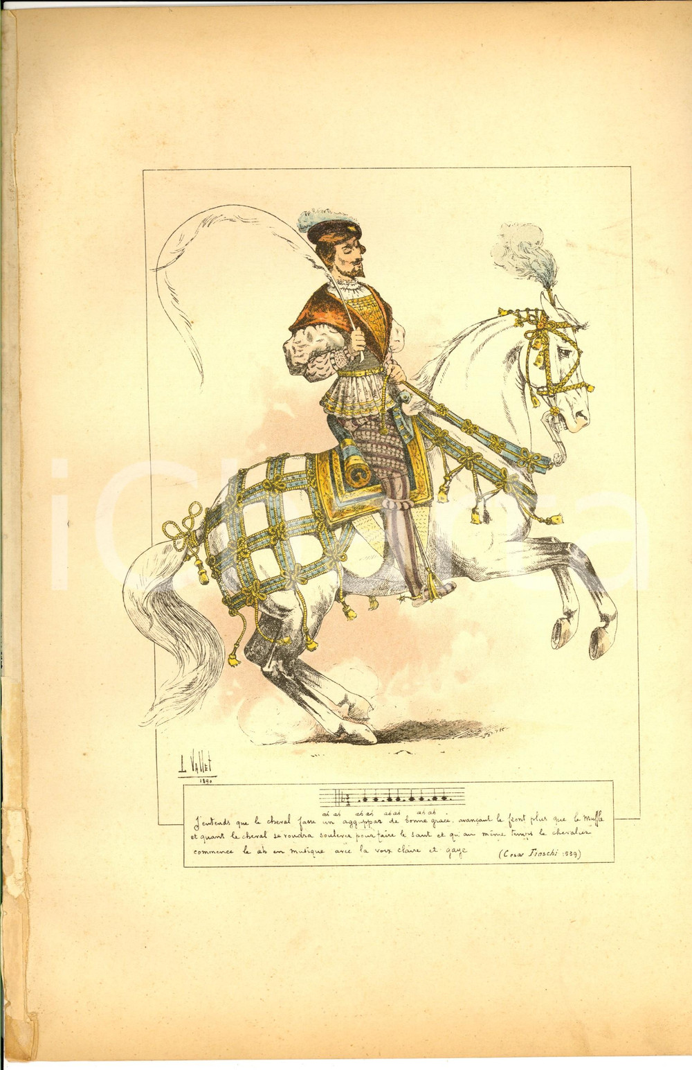 Stampa, bozzetto originale 1890 L. VALLET Le chic Ã  cheval  Cesar FIASCHI Litho en couleurs 25x33 cm 1