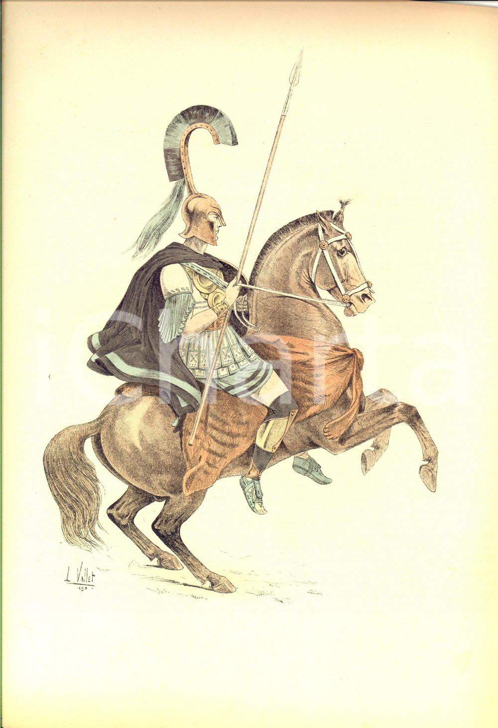 Stampa, bozzetto originale 1890 L. VALLET Le chic Ã  cheval  Chevalier grec vers 350 a. C Litho 25x33 1