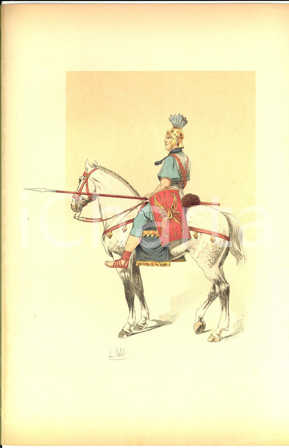 Stampa, bozzetto originale 1890 L. VALLET Le chic Ã  cheval  Cavalier romain Lithographie 25x33 cm 1
