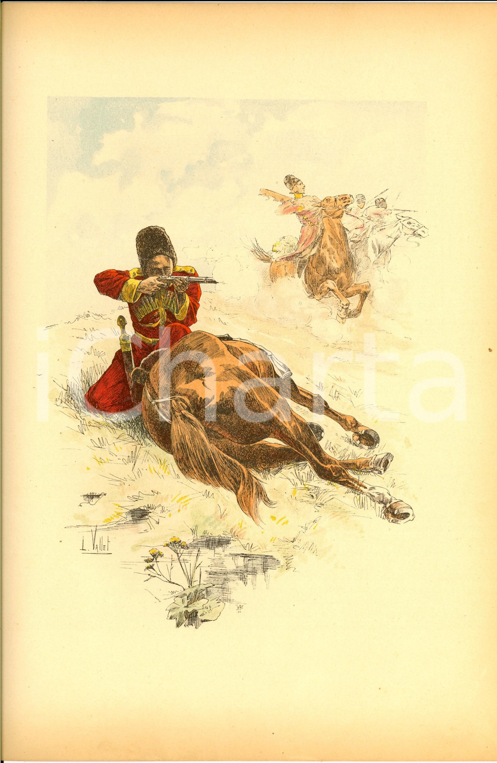 Stampa, bozzetto originale 1890 L. VALLET Le chic Ã  cheval  Soldat CIRCASSE Lithographie 25x33 cm 1