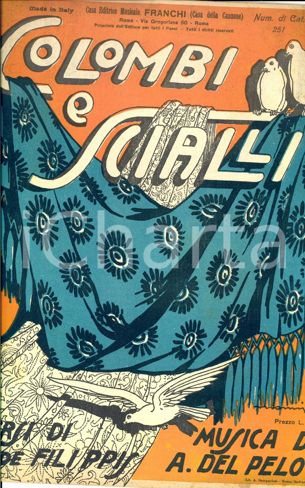 Oggetto da collezione cartaceo 1927 Tommaso DE FILIPPIS  Alfredo DEL PELO Colombi e scialli Spartito FRANCHI 1