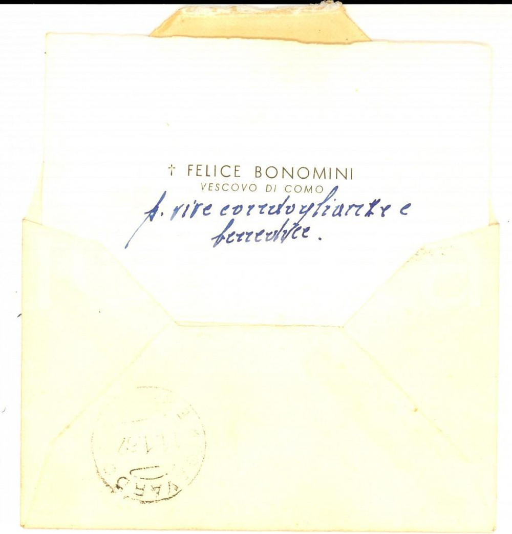 Autografo originale 1952 COMO Condoglianze del vescovo Felice BONOMINI *Biglietto AUTOGRAFO 1