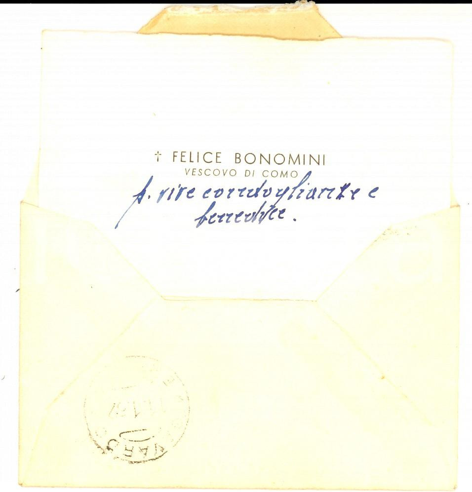 Autografo originale 1952 COMO Condoglianze del vescovo Felice BONOMINI Biglietto AUTOGRAFO 1