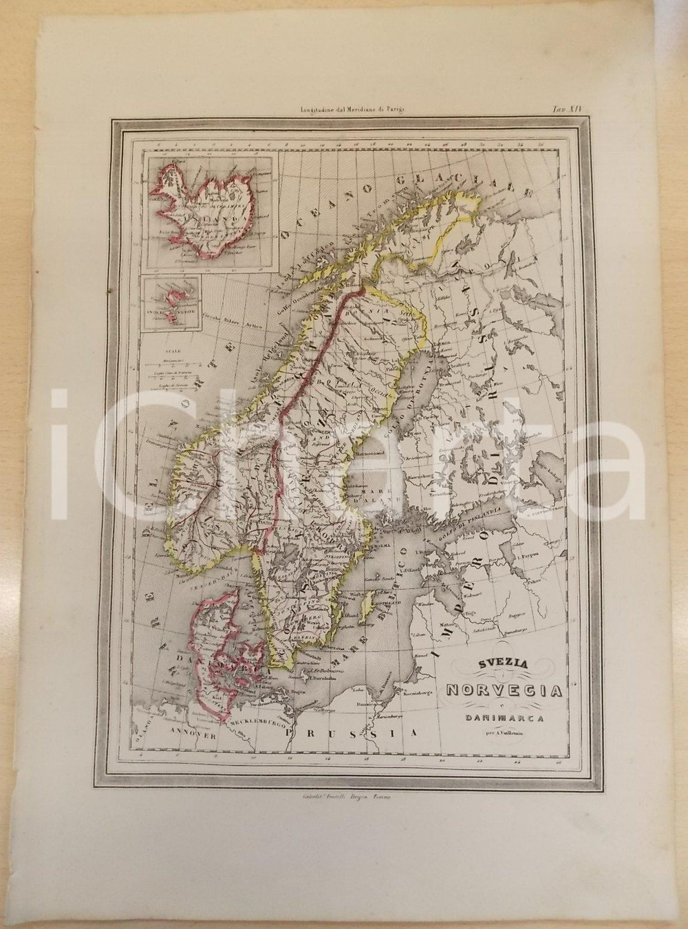 Stampa, bozzetto originale 1864 Atlante Universale Svezia, Norvegia e Danimarca Ed. GUIGONI Tav. XIV 1