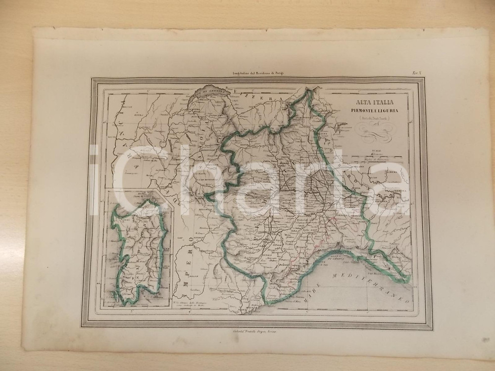 Stampa, bozzetto originale 1864 Atlante Universale  Piemonte e Liguria, Antichi Stati Sardi GUIGONI Tav. X 1