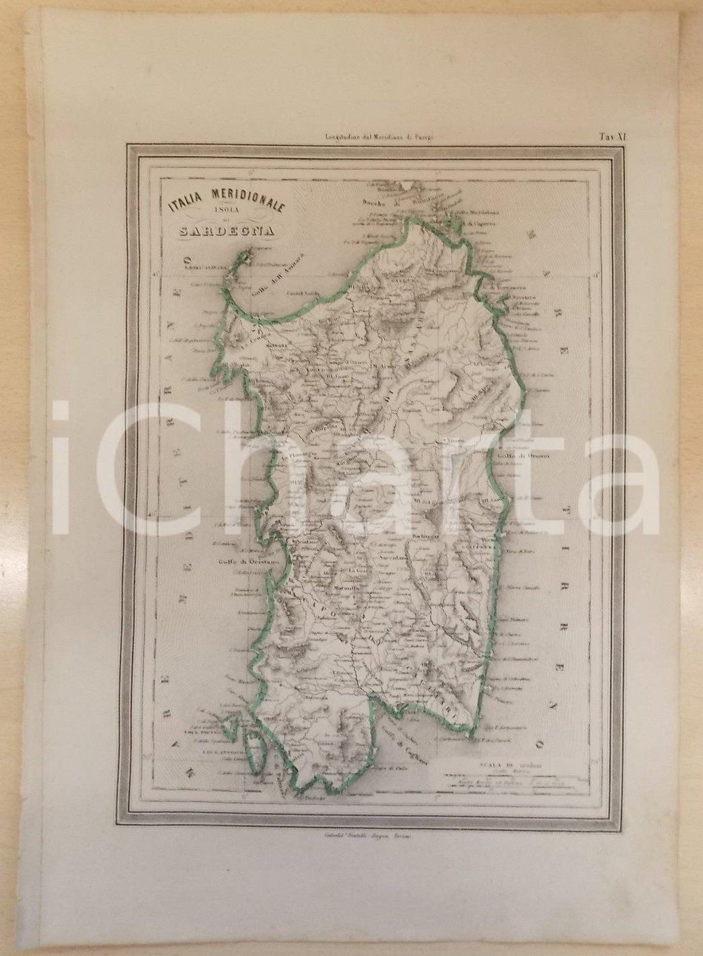 Stampa, bozzetto originale 1864 Atlante Geografico Universale Isola di SARDEGNA Ed. GUIGONI Tav. XI Mappa 1