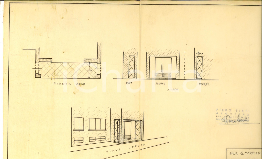 Mappa, planimetria storica 1953 SANNAZZARO DE  BURGONDI PV Progetto negozio G. TORRIANI su viale LORETO 1