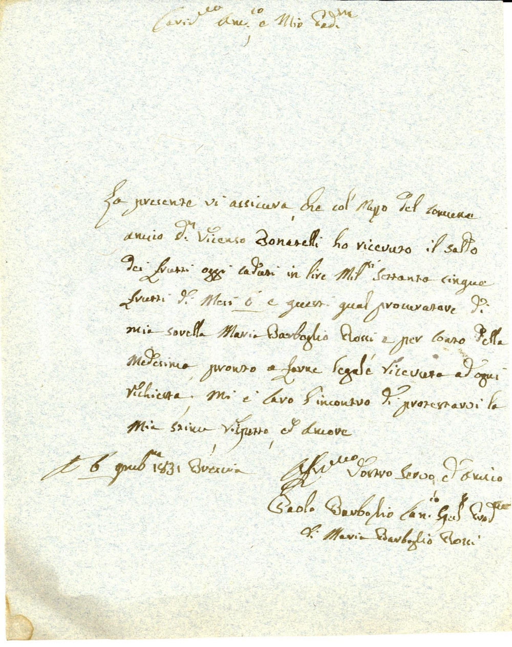 Documento originale, autentico 1831 BRESCIA Paolo BARBOGLIO riscuote interessi per conto della sorella 1