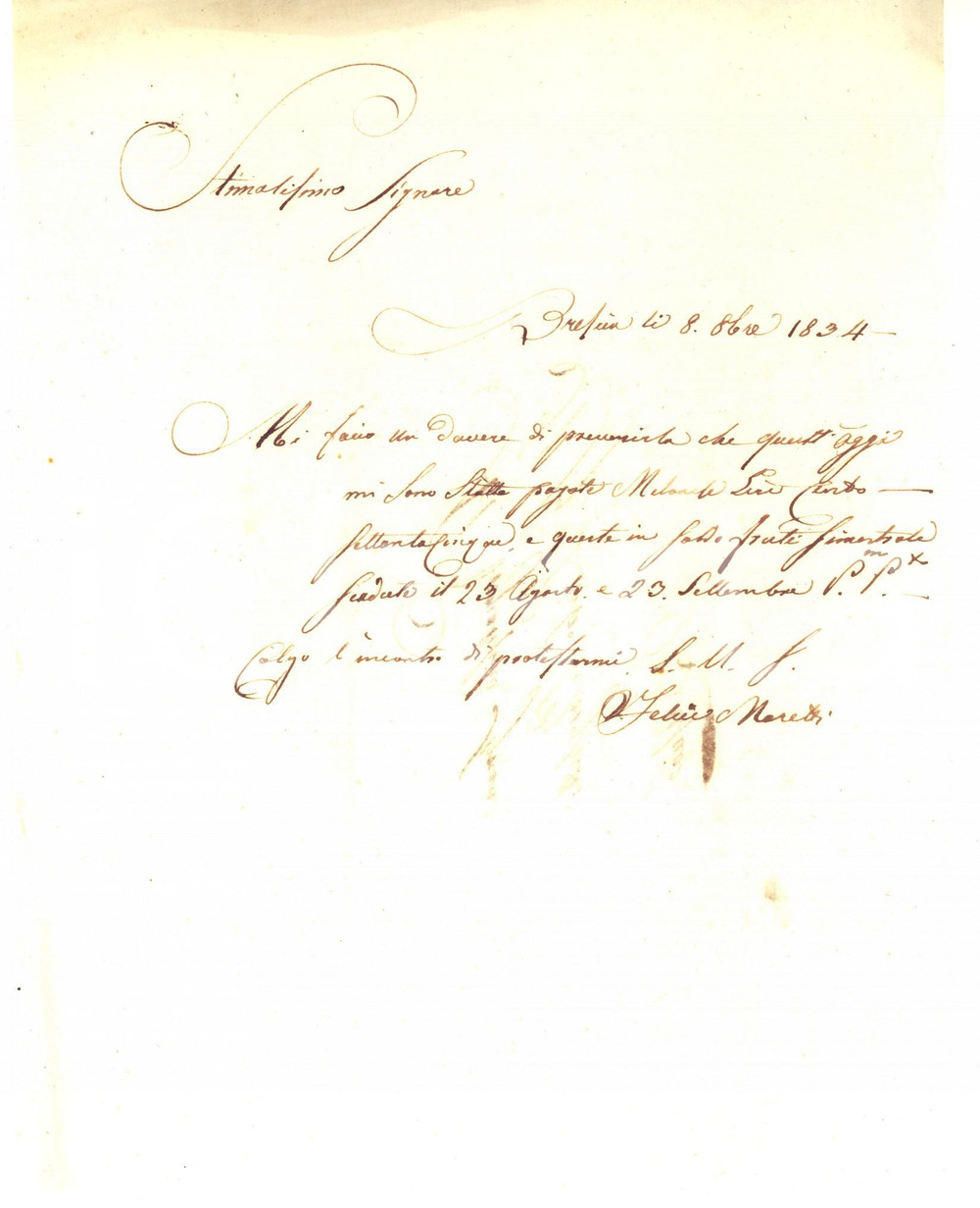 Documento originale, autentico 1834 BRESCIA Felice MORETTI riceve saldo interessi semestrali Documento 1