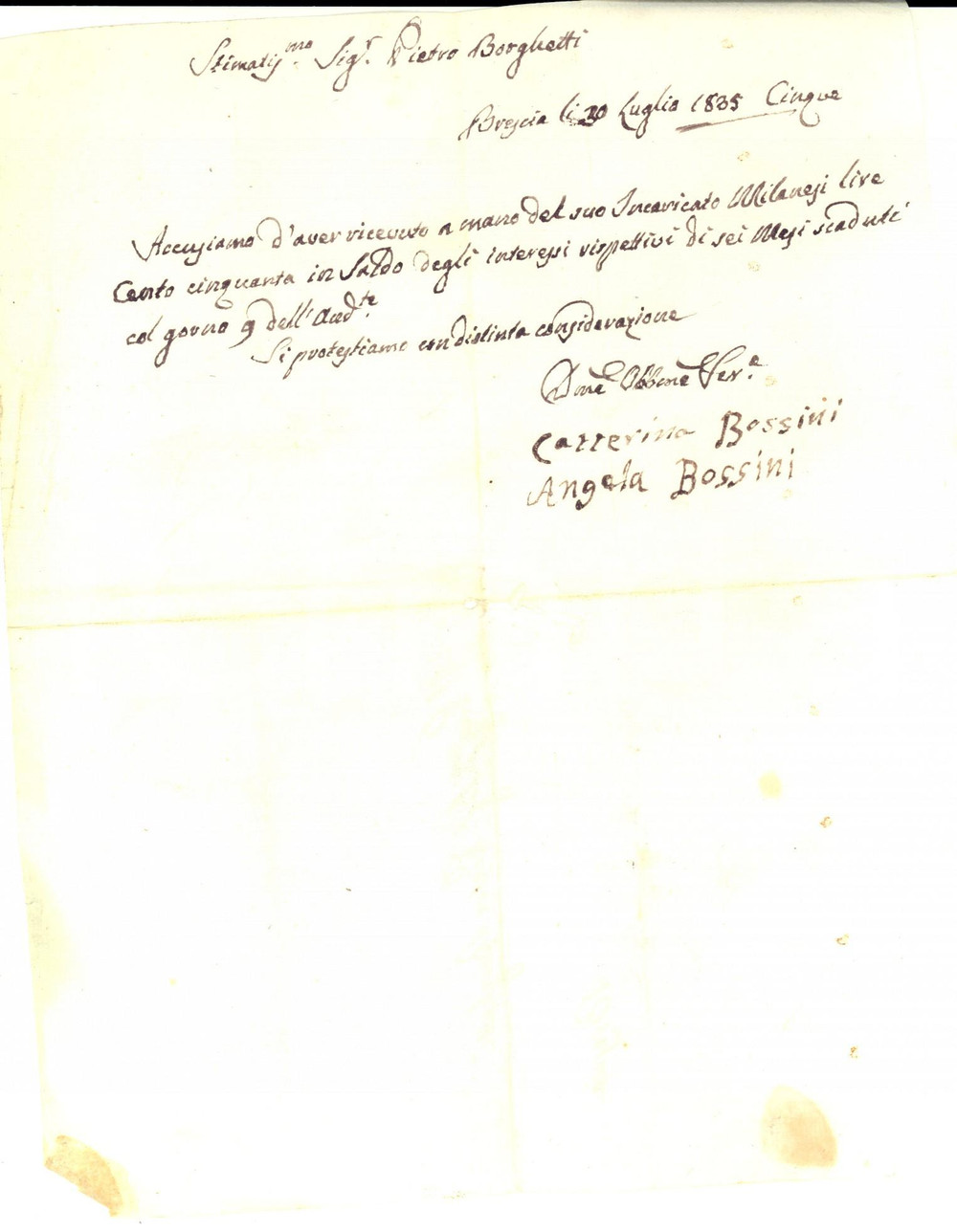 Manoscritto, lettera originale 1835 BRESCIA Caterina e Angela BOSSINI ricevono interessi su capitale 1
