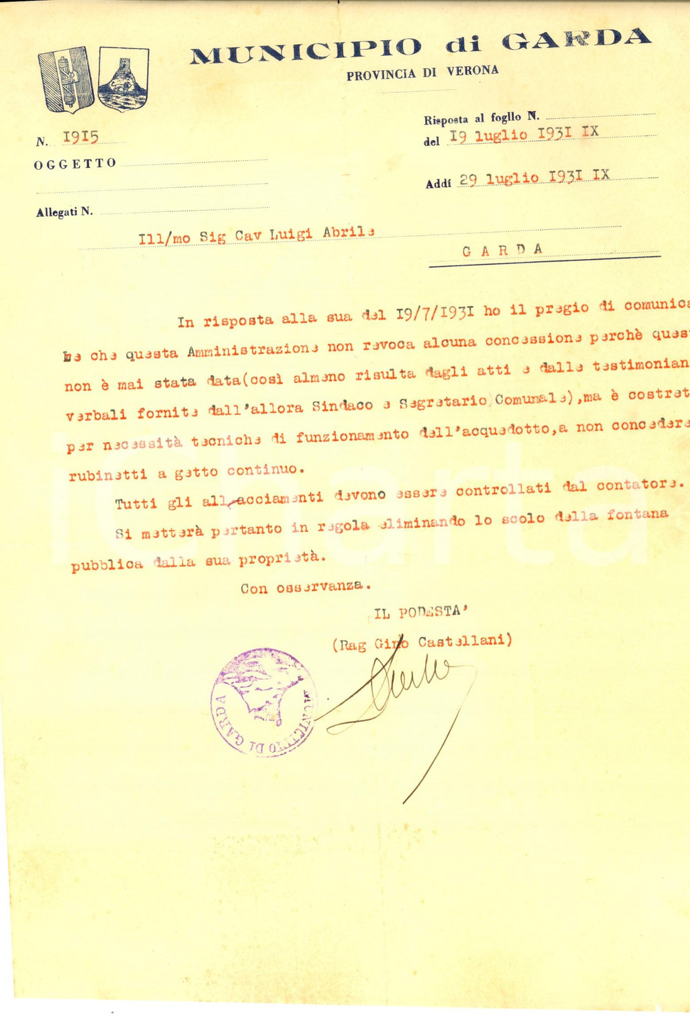 Documento originale, autentico 1931 GARDA Mancata concessione di rubinetti a getto continuo *Gino CASTELLANI 1