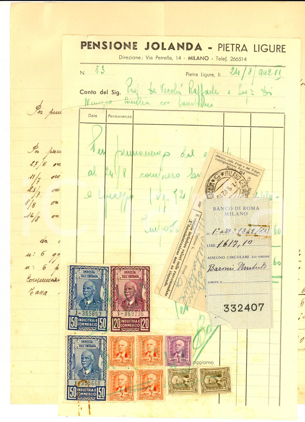 Documento originale, autentico 1942 PIETRA LIGURE (SV) Pensione JOLANDA *Fattura soggiorno e spiaggia 1