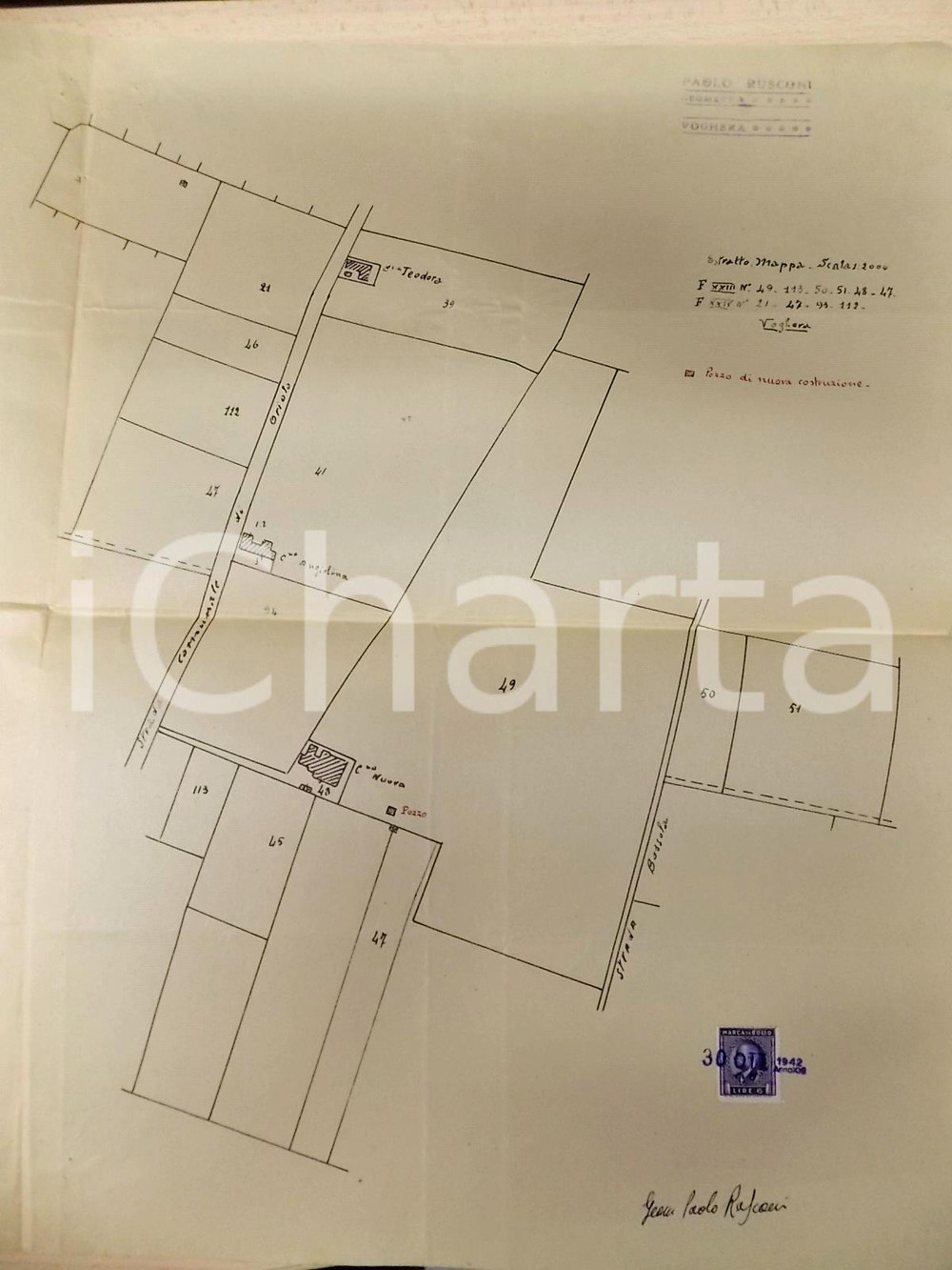Mappa, planimetria storica 1942 VOGHERA (PV) Planimetria poderi rurali con nuovo pozzo *Geom. Paolo RUSCONI 1