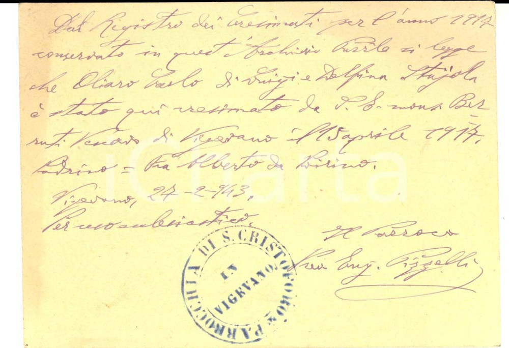Autografo originale 1943 VIGEVANO Parrocchia SAN CRISTOFORO Don Eugenio PIZZELLI certifica cresima 1