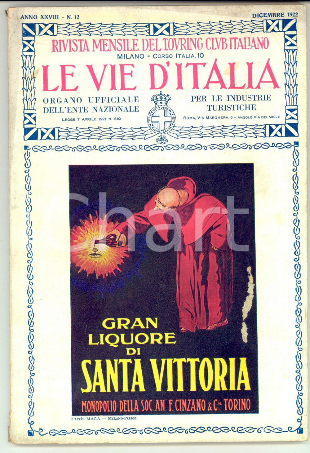 Giornale, rivista storica 1922 TOURING CLUB ITALIANO Monastero di FOLLINA *Anno XXVIII nÂ° 12 CINZANO 1