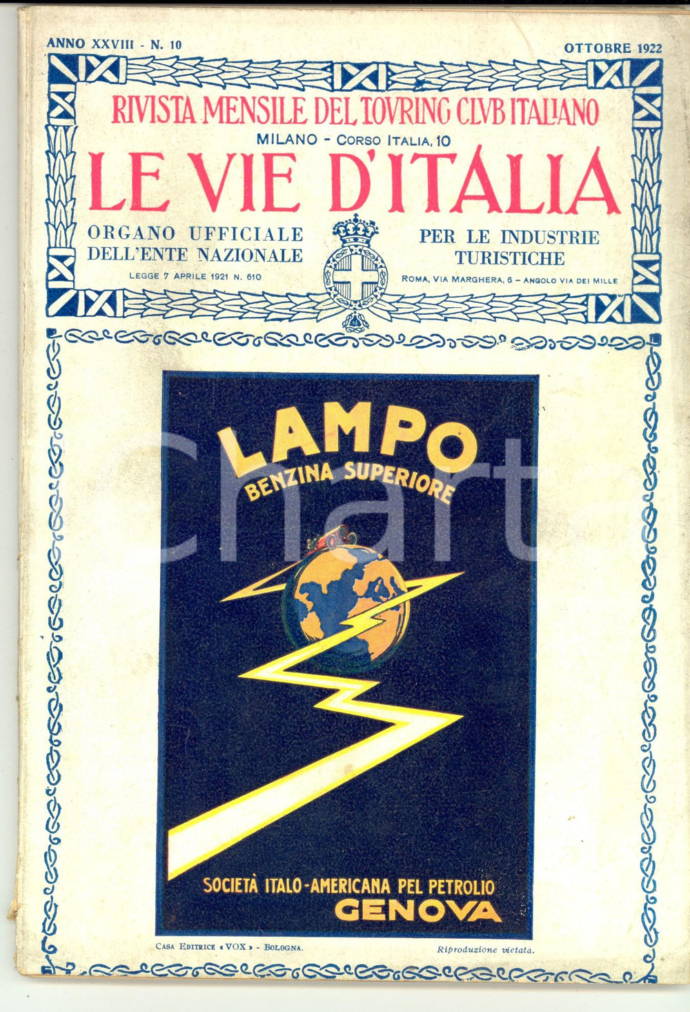 Giornale, rivista storica 1922 TOURING CLUB ITALIANO Pittore Cesare MAGGI *Anno XXVIII nÂ°10 Benzina LAMPO 1