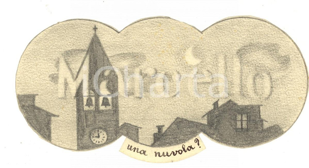 Stampa, bozzetto originale 1950 ca MARCELLO  Una nuvola? Bozzetto a matita per targa DISEGNATO A MANO 1