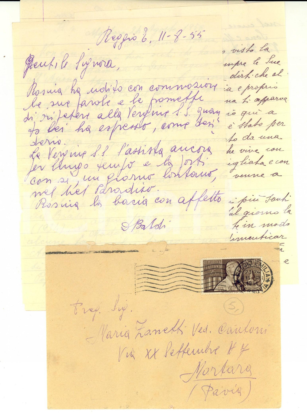 Manoscritto, lettera originale 1955 MORTARA PV REGGIO EMILIA Richieste alla veggente Rosa SONCINI Mariologia 1